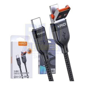 CABO USB TIPO-C KAIDI 2EM1 KD-2505CC CONECTOR DUPLO 60W 6A 